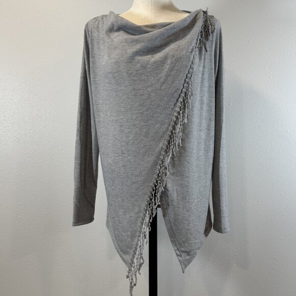 Maurices Womens Sz S Gray Wrap Top Cowl Neck Asymmetrical Fringe Long Sleeve NWT - Picture 1 of 14